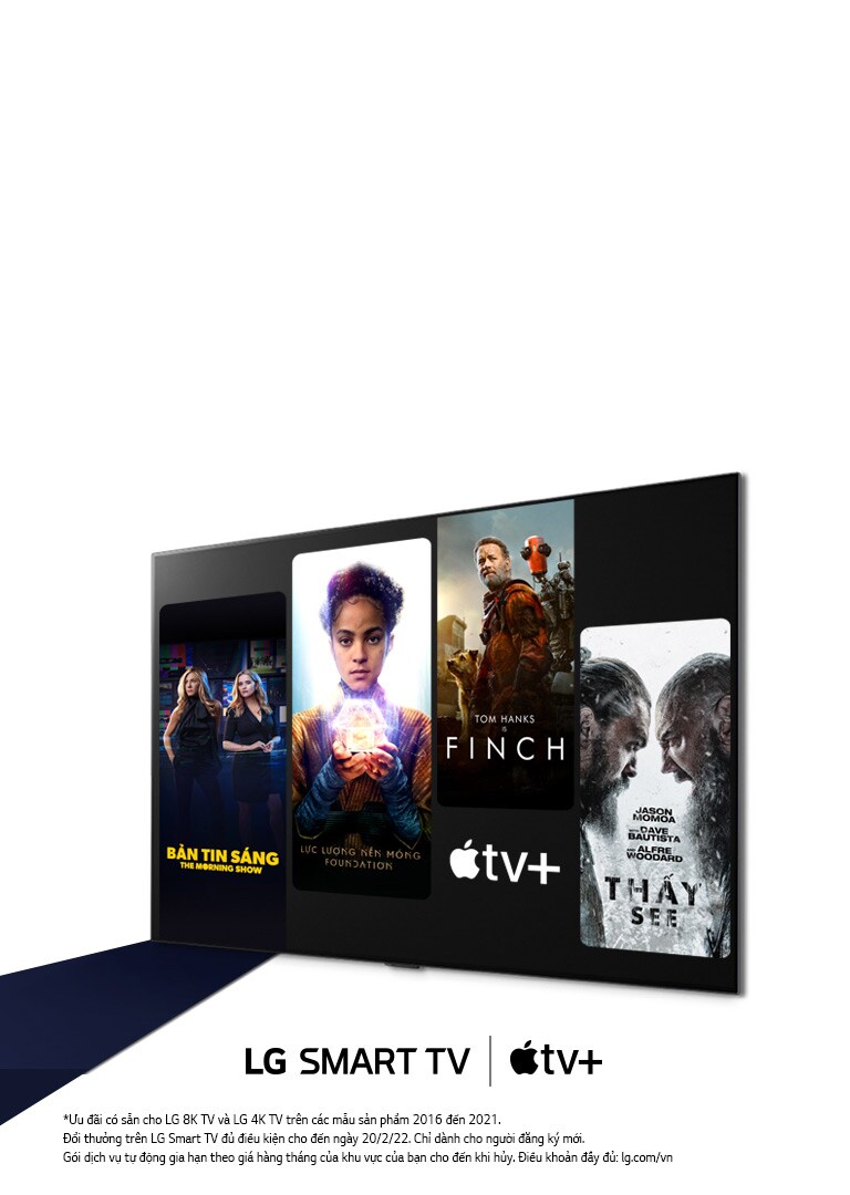 Hình ảnh LG OLED TV. Nội dung của Apple TV+ trên màn hình và tiêu đề là "Nhận ba tháng Apple TV+ miễn phí với LG Smart TV".